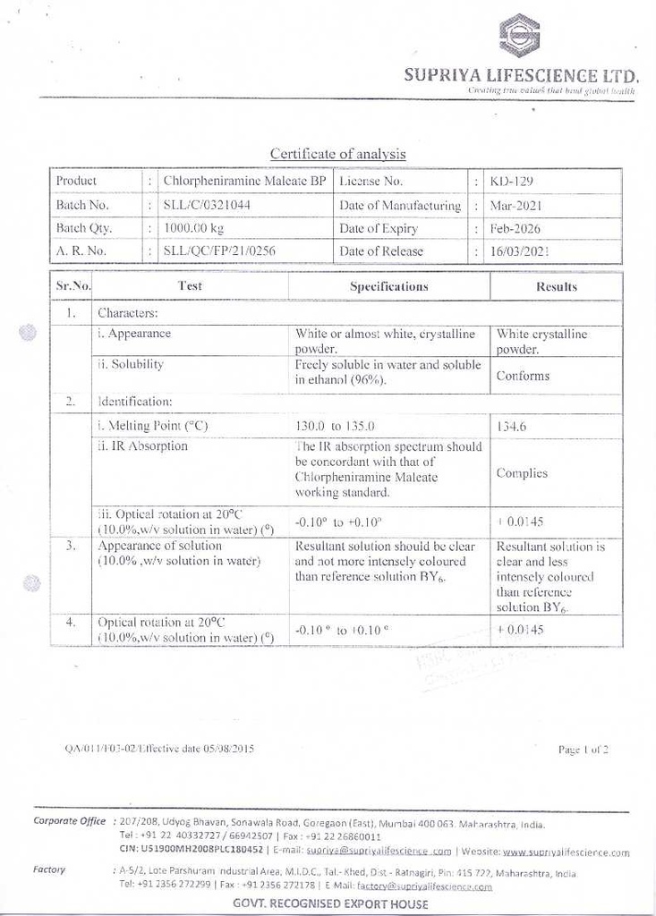 CHLORPHENIRAMINE MALEATE